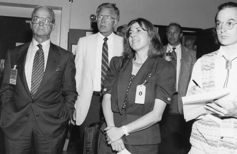 Among the Galvin Commission members who visited ORNL in 1994 were (l-r) consultant Bob Boyland, MIT prof. Richard Lester, entrepreneur Linda Capuano and Dr. Daniel Kerlinsky.