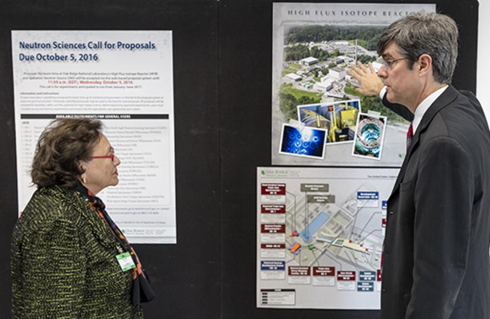 ORNL Director Thom Mason explains neutron science research at ORNL to U.S. Rep. Nita Lowey, D-N.Y., during the congresswoman’s recent visit to ORNL, which included a tour of the SNS. (ORNL photo by Carlos Jones) 