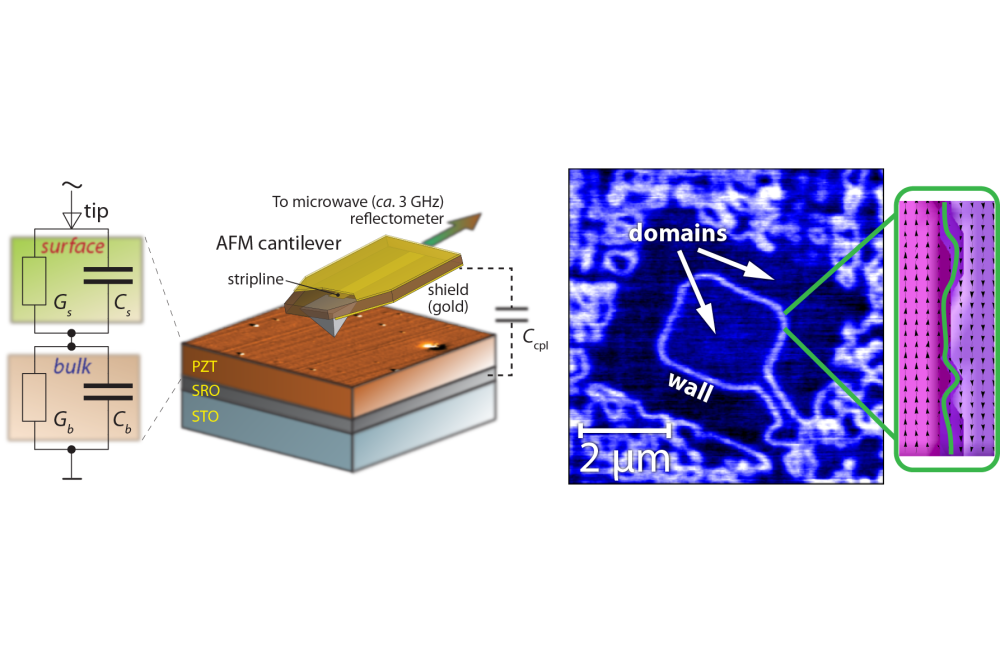 Microwave imaging (left) reveals conducting ferroelectric domain walls (right) in lead zirconate titanate. Before microwave microscopy, it was difficult to detect electrically conducting ferroelectric domains. 