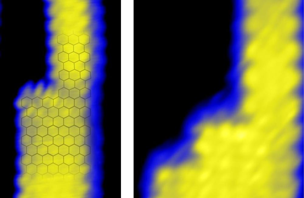 An ORNL-led team formed seamless interfaces between graphene ribbons with different widths, creating a staircase configuration. This configuration has seamless electrical contacts, making the material viable as a building block for next-generation electro