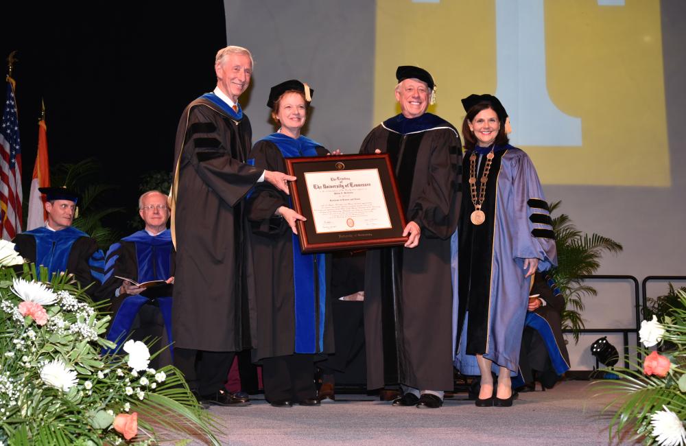 Bredesen Center Director Lee Riedinger, from left, University of Tennessee, Knoxville Vice Provost and Dean of the Graduate School Dixie Thompson, former Tennessee Gov. Phil Bredesen, and UT Knoxville Chancellor Beverly Davenport gather together as the sc