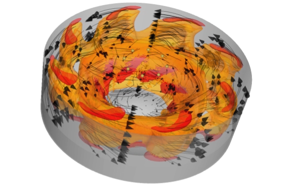 In a model of a 1.6 liter engine cylinder, liquid fuel (shown in red and orange) is converted to fuel vapor under high temperatures during ignition. Image courtesy of Ronald Grover.