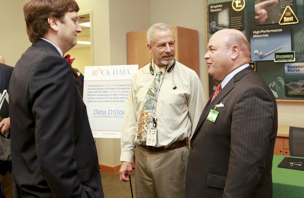 From left, Nate Paul and Lawrence MacIntyre, inventors of Data Diode, had a chance to meet with Donald McGuire, CEO of Lock Data Solutions LLC, which has licensed the ORNL cybersecurity technology.