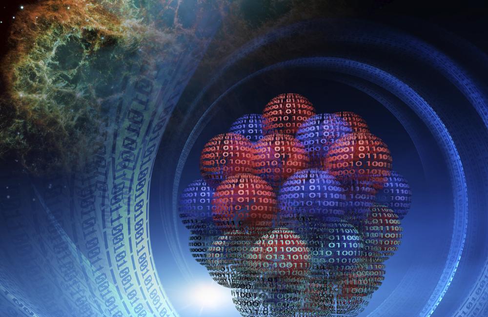 Conceptual art connects the atomic underpinnings of the neutron-rich calcium-48 nucleus with the Crab Nebula, which has a neutron star at its heart. Zeros and ones depict the computational power needed to explore objects that differ in size by 18 orders o