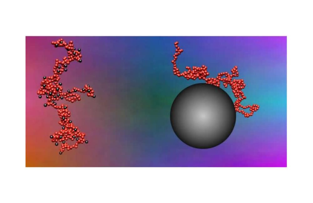 Depicted at left, small nanoparticles stick to segments of polymer chain that are about the same size as the nanoparticles themselves; these interactions produce a polymer nanocomposite that is easier to process because nanoparticles move fast, quickly ma