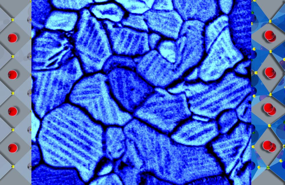 In a thin film of a solar-energy material, molecules in twin domains (modeled in left and right panels) align in opposing orientations within grain boundaries (shown by scanning electron microscopy in the center panel).