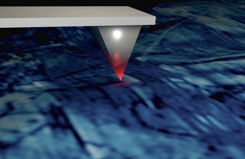 Cantilever schematic: Schematic representation of the atomic force microscope interacting with the material surface. (Credit: Rama Vasudevan, ORNL)