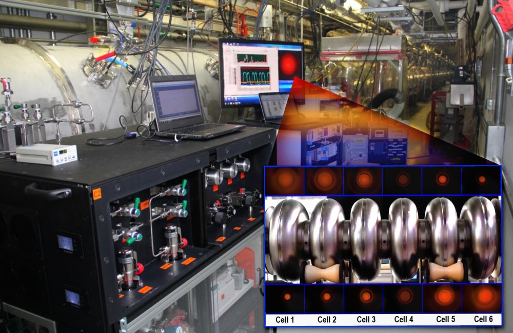 Behind the work station, cryomodule 19 undergoes in-situ plasma processing inside the SNS linac. The inset shows a 6-cell cavity with monitored plasma inside each cell. Image credit: Genevieve Martin/ORNL.