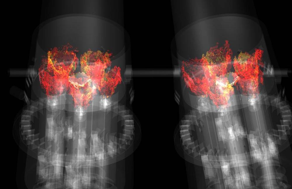 A simulation of combustion within two adjacent gas turbine combustors. GE researchers are incorporating advanced combustion modeling and simulation into product testing after developing a breakthrough methodology on the OLCF’s Titan supercomputer.