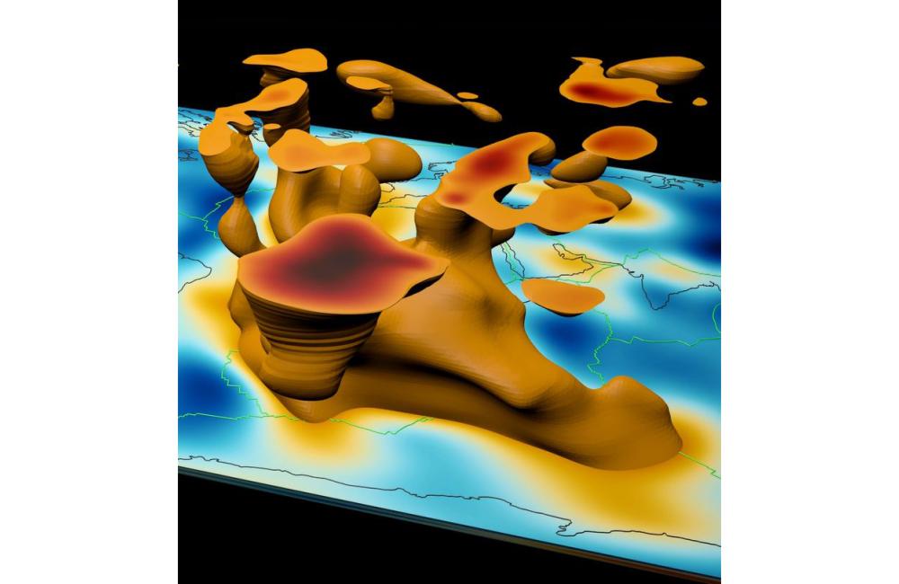 A visualization of mantle plumes in the Eastern hemisphere overlaying a flat global map. Credit: David Pugmire, ORNL