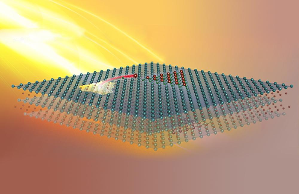 After a monolayer MXene is heated, functional groups are removed from both surfaces. Titanium and carbon atoms migrate from one area to both surfaces, creating a pore and forming new structures. Credit: ORNL, USDOE; image by Xiahan Sang and Andy Sproles.