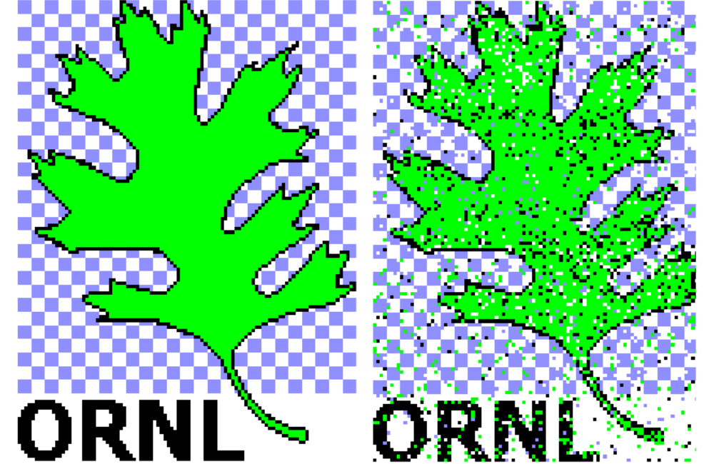 The team transmitted the ORNL logo, an oak leaf, between two end points in the laboratory with 87 percent calculated fidelity. (Left): The original 4-color, 3.4kB image. (Right): The image received using superdense coding. The team transmitted the ORNL logo, an oak leaf, between two end points in the laboratory with 87 percent calculated fidelity. (Left): The original 4-color, 3.4kB image. (Right): The image received using superdense coding.