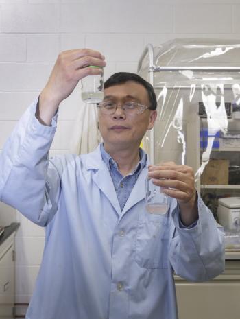 ORNL principal investigator Baohua Gu examines samples used in mercury analyses. Credit: Rachel Brooks/ORNL, U.S. Dept. of Energy