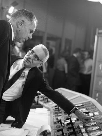 Glenn Seaborg, left, then chair of the Atomic Energy Commission, and then-ORNL director Alvin Weinberg talk at the Molten Salt Reactor Experiment in 1968. Nuclear physicist and Nobel Prize winner Seaborg, considered the father of actinide science, first grouped and named the actinides. Credit: ORNL, U.S. Dept. of Energy