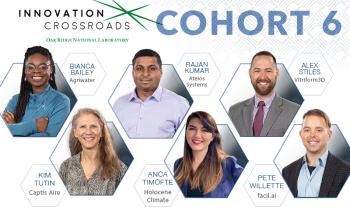 Innovation Crossroads Cohort Six includes: Bianca Bailey, Agriwater; Rajan Kumar, Ateois Systems; Alex Stiles, Vitriform3D; Kim Tutin, Captis Aire; Anca Timofte, Holocene Climate; and Pete Willette, facil.ai. Credit: ORNL, U.S. Dept. of Energy