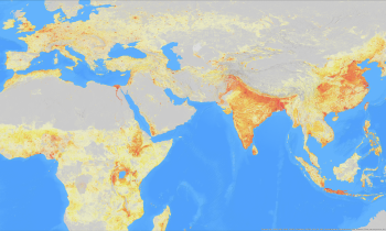 World map showing color-coded population density