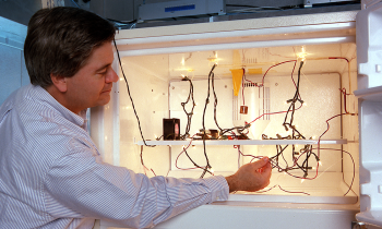 researcher adjusts wires in a standard refrigerator/freezer unit