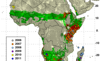 Map of Africa with colorful circles showing where past Rift Valley Fever outbreaks happened by year