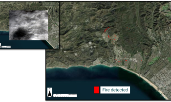 Overhead image of Palisades, California active fires in January 2025