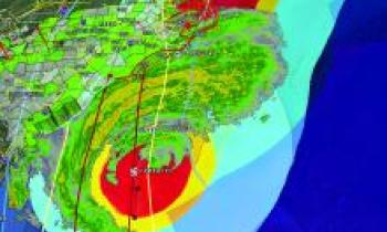 Weather radar image of eastern coast of US showing hurricane moving north in the Atlantic Ocean.
