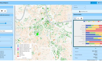 Screengrab of Global Building Intelligence program that has a map of a city in the middle and graphs explaining the map on the left and right sides.