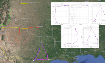 Map of south-central United States with colorful lines showing trajectory for disaster recovery, traffic pattern analysis, and other uses.