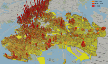 A map of New York City with 3D representations of building height across the city