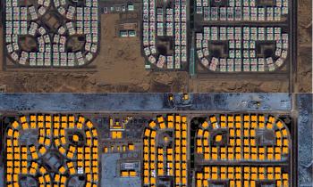 Before-and-after satellite images of built structures and AI-based building footprint detection.