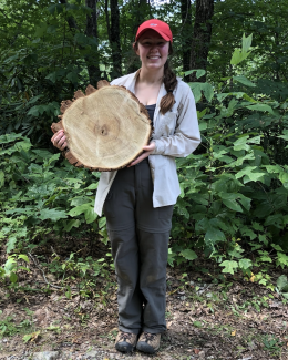 Sarah stands in the woods of Coweeta Hydrologic Laboratory holding a large tree cookie of black locust