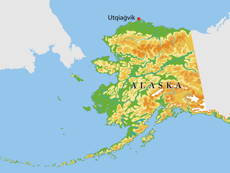 Map of Alaska pointing out Utqiagvik at the northern most point.