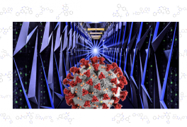 A COVID-19 particle in front of a background of supercomputing cabinets