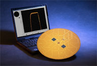 The ORNL-developed Thin-Film Array Slide pictured here allows  biological samples such as proteins, whole cells or tissue samples to  be analyzed in an environment where the samples can retain their  native chemical activity. The technology is powered by thin film lithium batteries, the two  gray squares on the gold disc shown here.