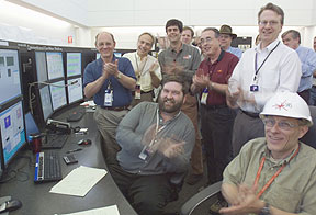 A jubilant gathering of Spallation Neutron Source team members watched in the control room Friday, April 28, as the SNS generated its first neutrons. The Department of Energy facility, located at Oak Ridge National Laboratory, will be the world's top destination for neutron research. (SNS photos available on request)