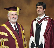 McMaster University President Peter George (left) and ORNL Director Thom Mason, who received the 2008 Distinguished Alumni Award for the Sciences from McMaster on Nov. 21.