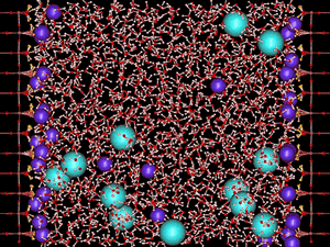 The FIRST Center will study how fluids and solids interface, as shown in this simulation of sodium chloride solution in contact with titanium oxide. Energy applications of this basic research include better batteries, solar panels and fuel cells.