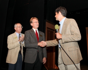 ORNL Director Thom Mason announces UT-Battelle's $175,000 gift to the Oak Ridge Playhouse with Gene Spejewski, Treasurer of the Oak Ridge Playhouse board, and David Freeman, the board's Vice President.