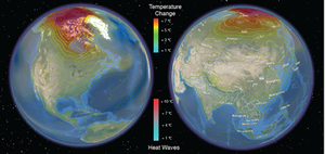 An ORNL study could help quantify data in climate models, such as the regional temperature increases (contour lines) and heat wave intensity (shades of color) over two decades simulated here under a fossil-fuel intensive scenario.