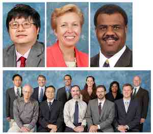 ORNL staff members were honored at the 2010 UT-Battelle Awards Night. Top, from left: Sheng Dai, DeAnn Ingram and Sam McKenzie. Bottom, front row: Dan Shapira, Kyung Yuk Chae, John Shriner Jr., Brian Moazen, Steven Pain. Back row: J. Felix Liang, Raymond Kozub, Daniel Bardayan, Kate Grzywacz-Jones, Caroline Nesaraja, Michael Smith