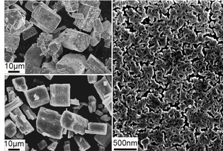 ORNL researchers developed a nanoporous solid electrolyte (bottom left and in detail on right) from a solvated precursor (top left). The material conducts ions 1,000 times faster than its natural bulk form and enables more energy-dense lithium ion batteries.