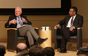 Former Intel CEO Craig Barrett takes questions with ORNL Deputy Director for Science and Technology Ramamoorthy Ramesh.