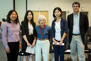 Lab Director Thom Mason and Award-winning scientist Liane Russell welcomed Celia Shiau, Huiyuan Zhu and Huina Mao at a Thursday reception. Shiau, Mao and Zhu are the first early career researchers coming to Oak Ridge National Laboratory under a fellowship named for Russell.