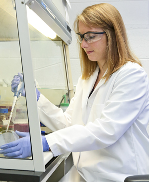 Illinois native Beth Papanek, a third-year student at the Bredesen Center for Interdisciplinary Research and Graduate Education, works in the BioEnergy Sciences Center to explore more efficient ways to convert cellulosic plant material into biofuels. Image credit: Jason Richards/ORNL