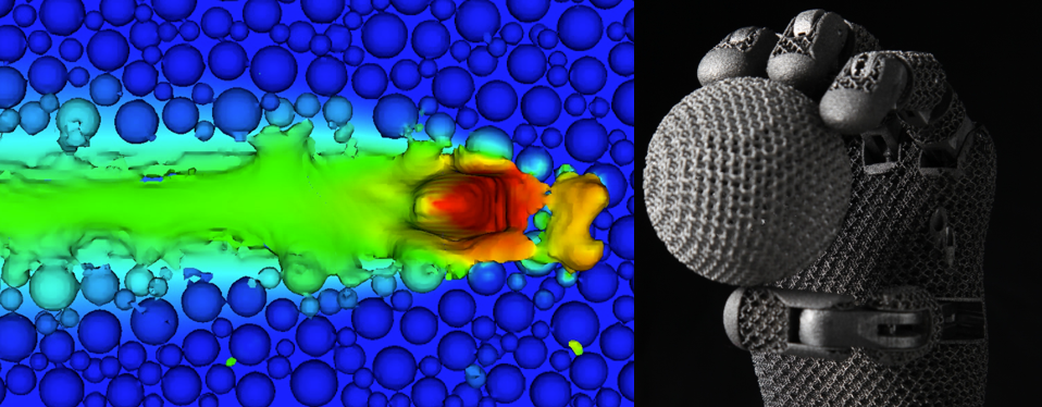 simulation of laser melting of metal powder in a 3D printing process (LLNL) and a fully functional lightweight robotic hand (ORNL).