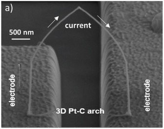 A tilted scanning electron microscope image of a composite sensing element attached to microscopic electrodes. The apex of the sensor oscillates over 2 micrometers during resonance excitation in preparation for sensing.