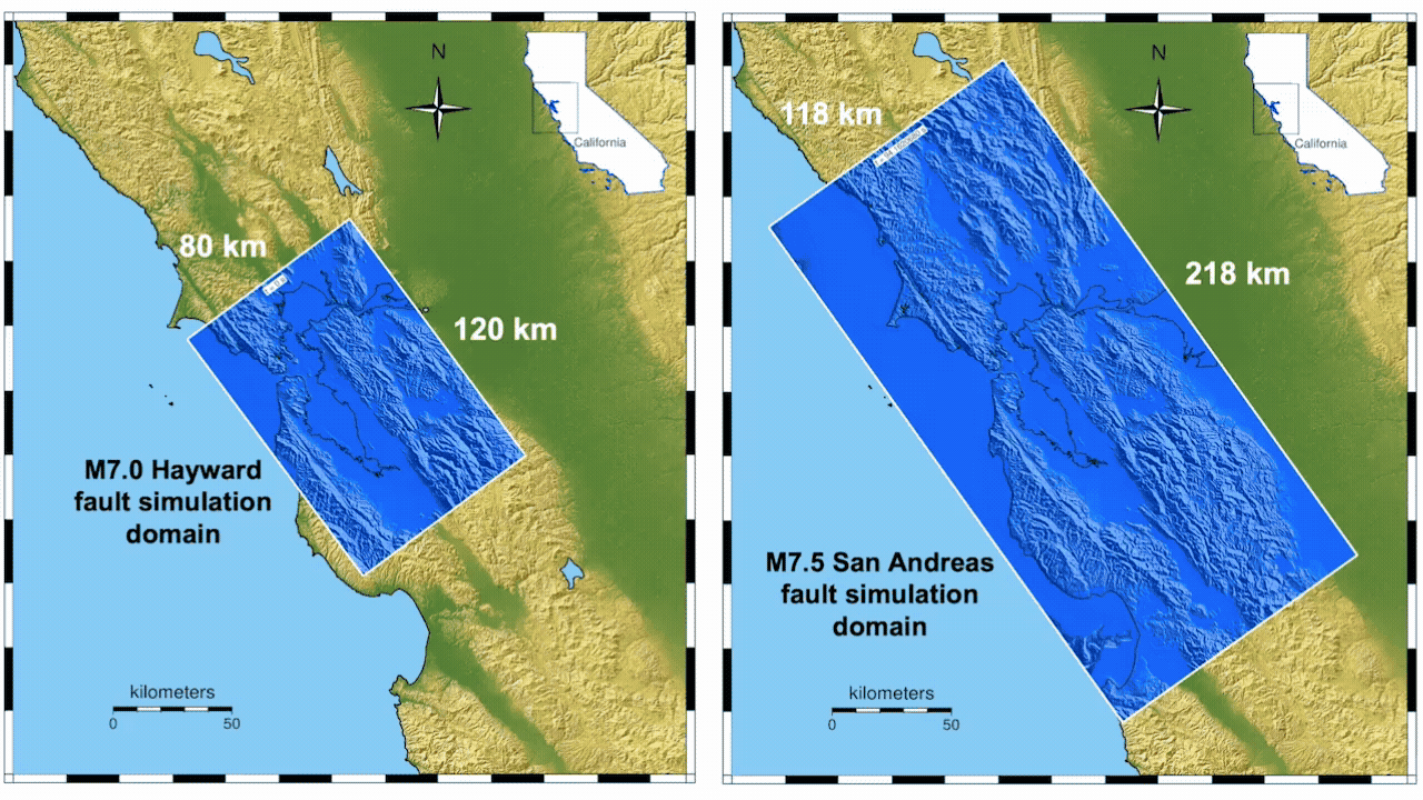 Earthquake simulations of the Hayward (left) and San Andreas faults reveal how seismic waves can become trapped in sedimentary basins, which prolongs shaking.