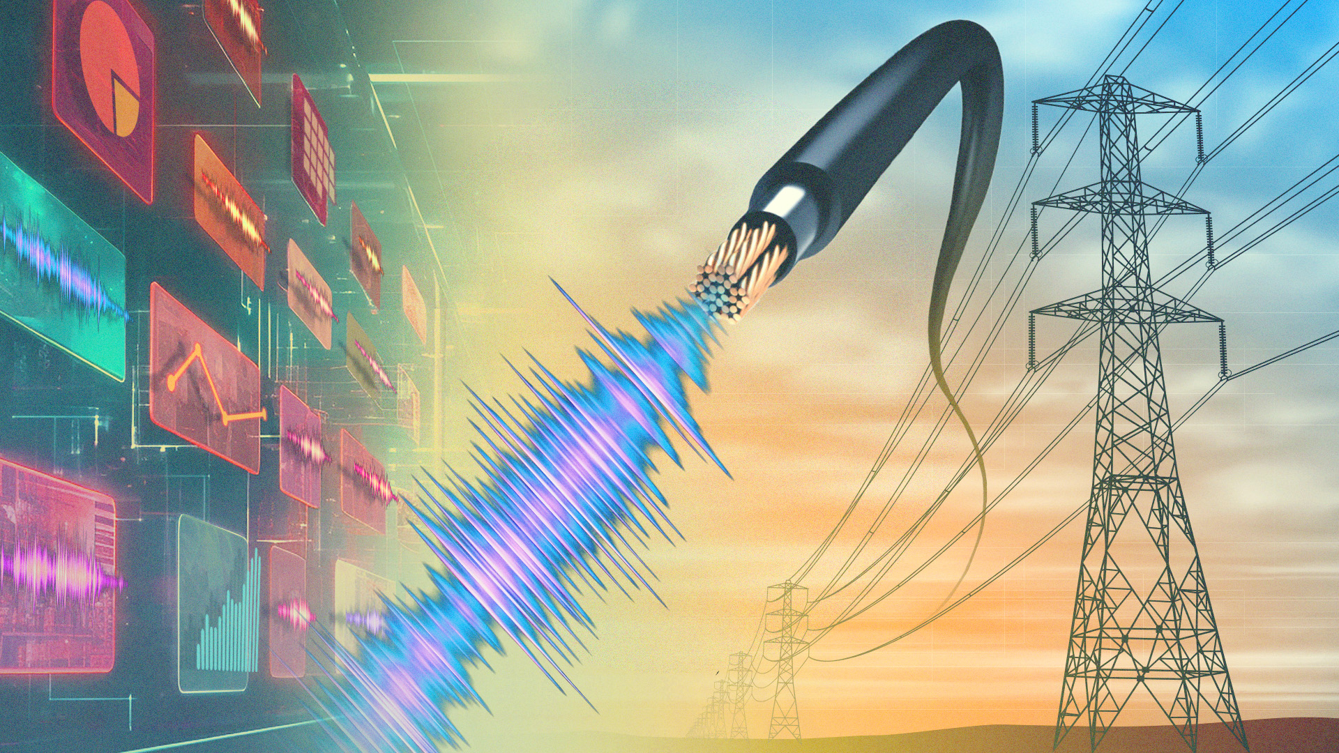 Power lines to the right, colorful graphs to the left and in the middle is a cord putting out electrical currents. 