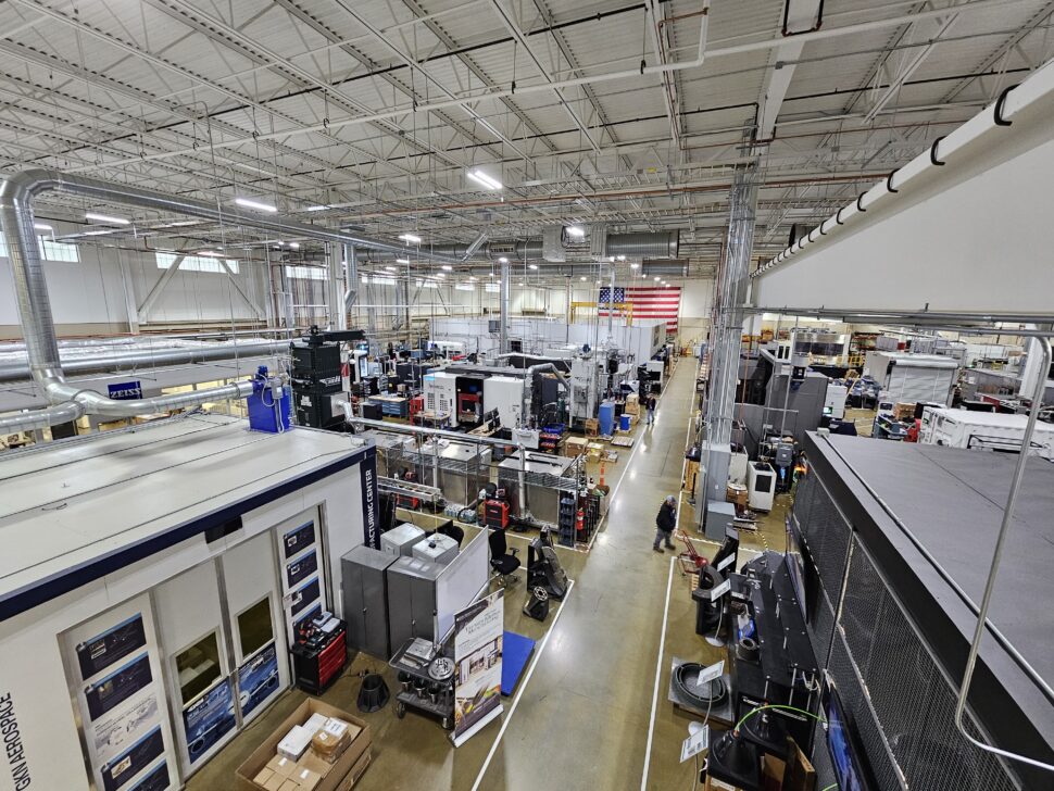 The Manufacturing Demonstration Facility floor, viewed from the high bay.