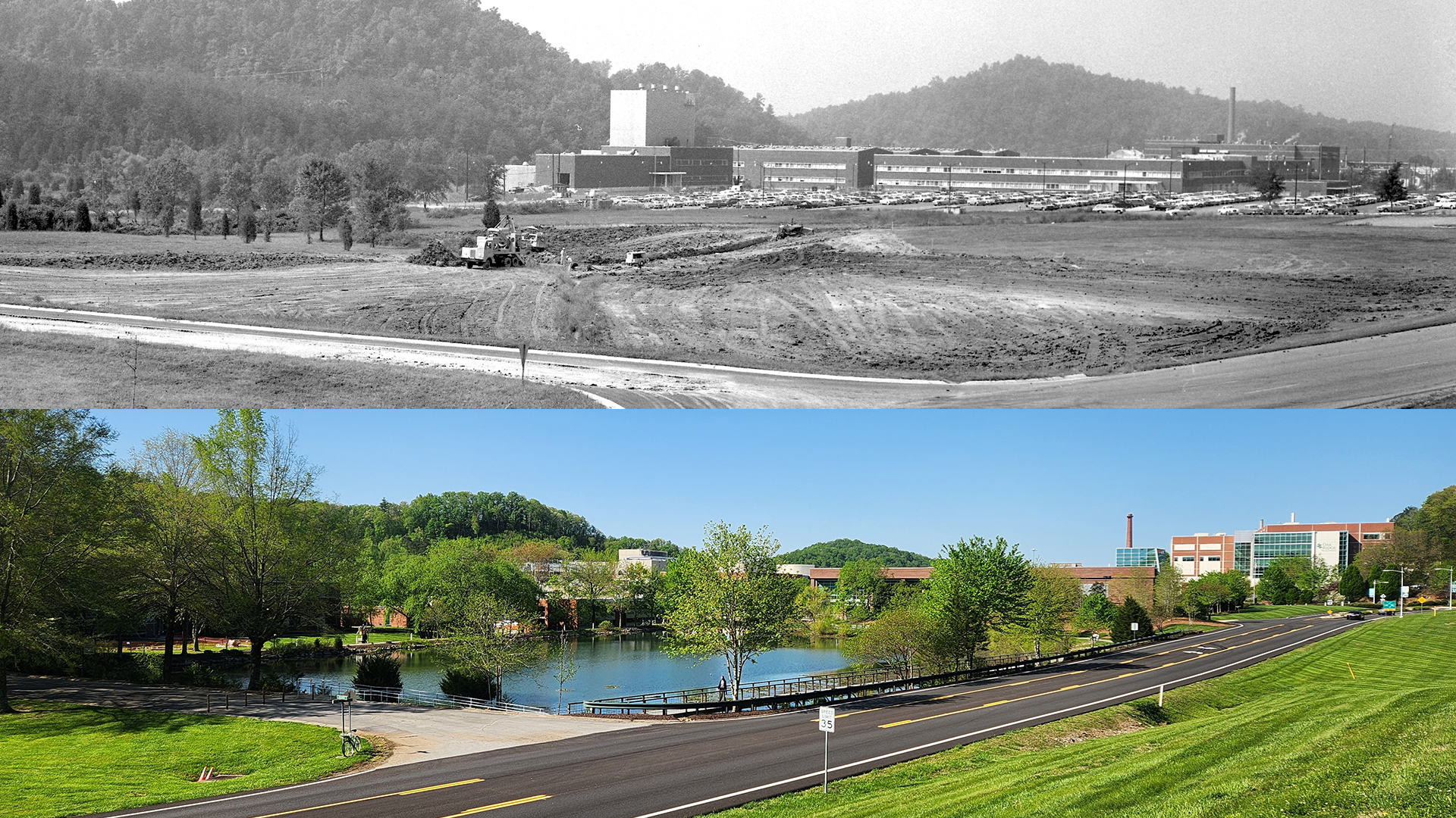 ORNL pond in 1961 and 2023.