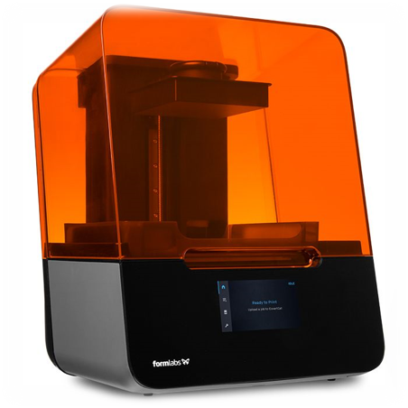 A boxy 3D printer with a black base and orange translucent top