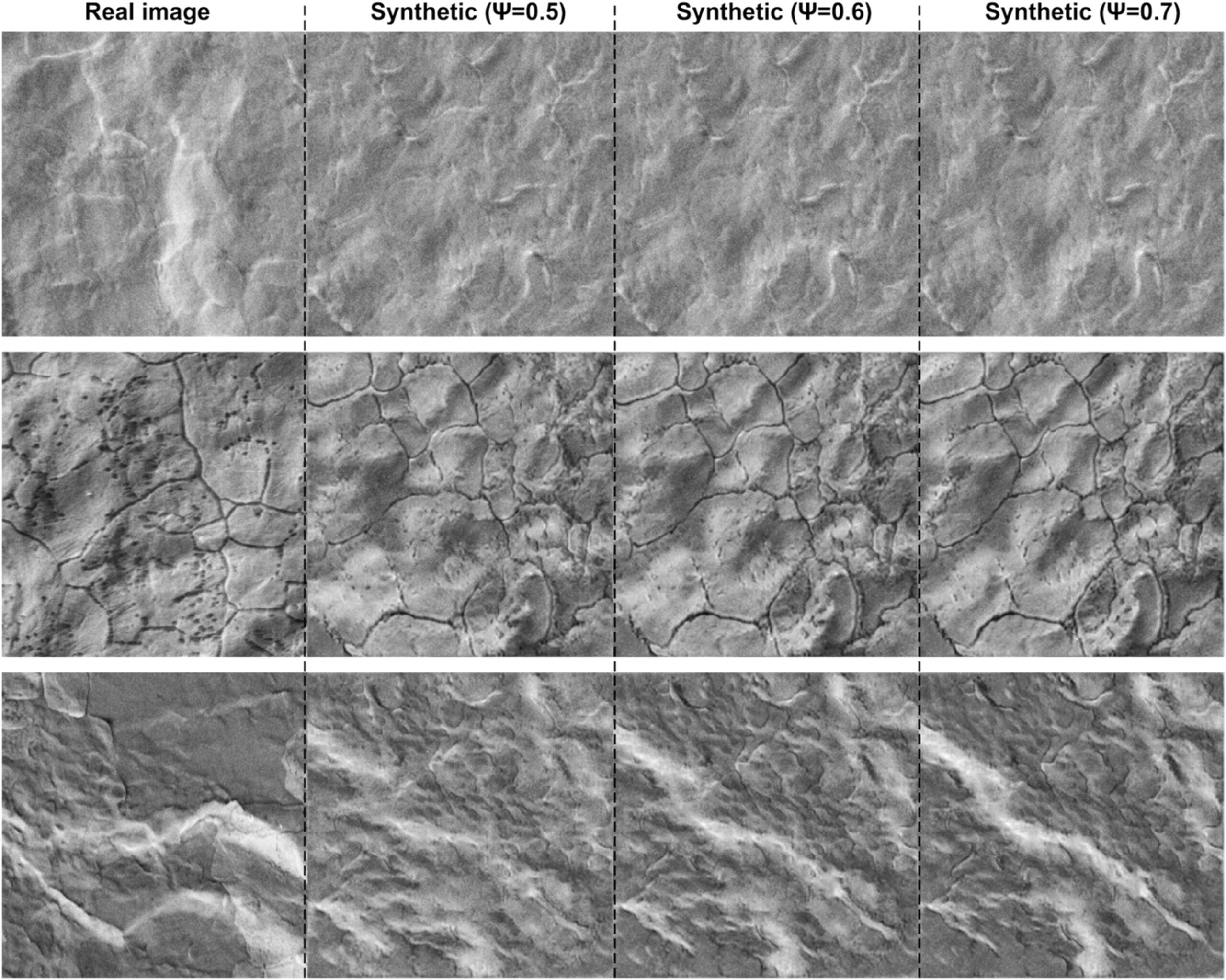 Grayscale comparison of surface textures showing real vs. synthetic images at different parameter settings, arranged in rows and columns.